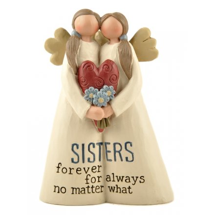Decorative figurine of two angelic figures holding a heart with flowers, with 'SISTERS forever for always no matter what' text.