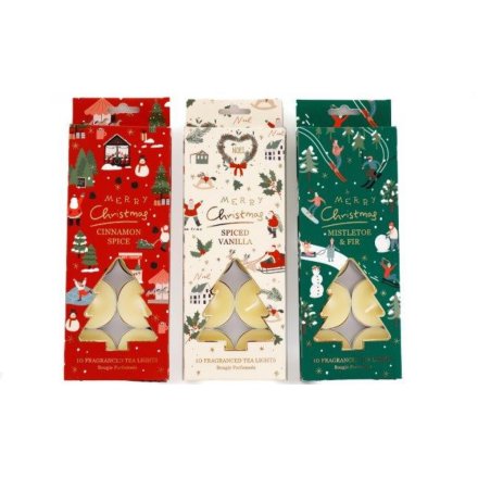 Three Christmas-themed tea packages with festive designs on a white background.