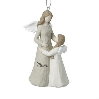 Decorative figurine of an angel holding a child with 'Mum' engraved, on a white background.