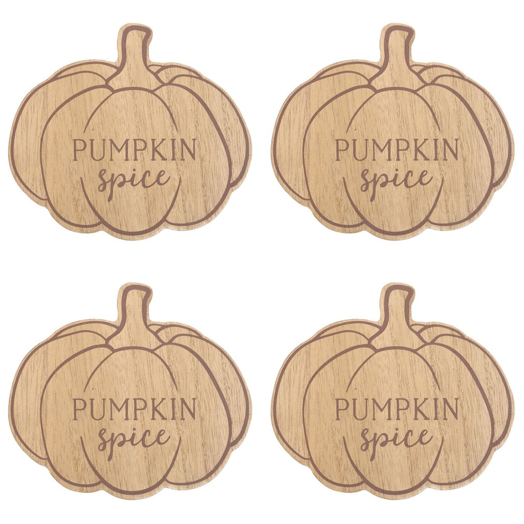 Four wooden pumpkin-shaped coasters with 'Pumpkin Spice' text on a white background