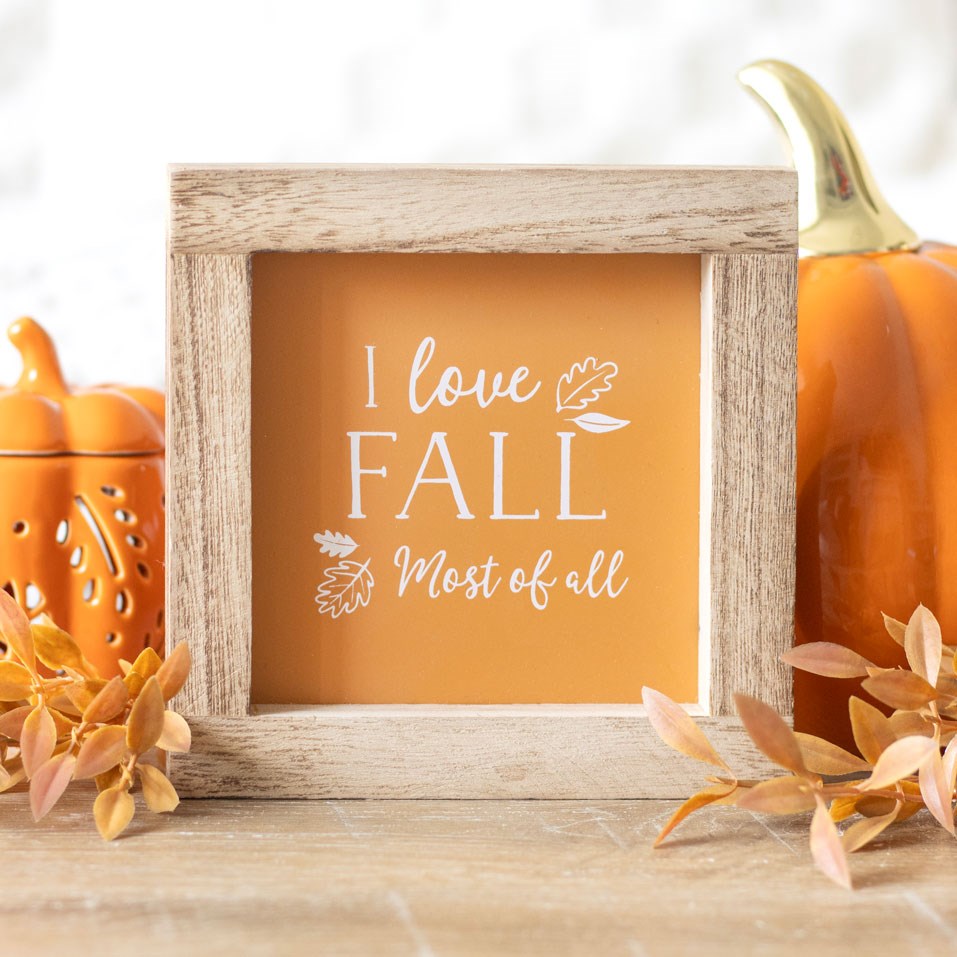 Decorative sign with 'I love Fall Most of all' text in a wooden frame, surrounded by pumpkins and fall foliage.