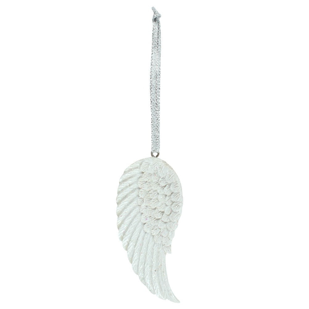 White angel wing pendant with a chain on a white background