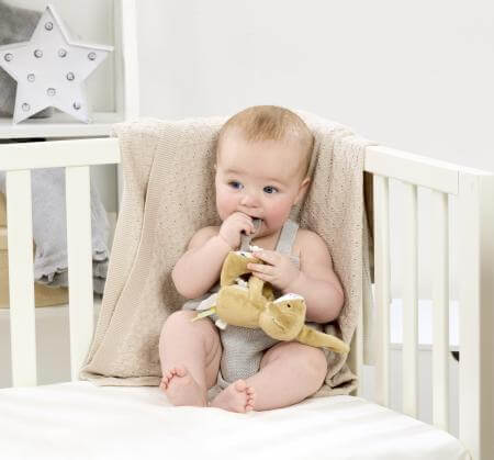 Baby sitting in a crib holding a teething toy.