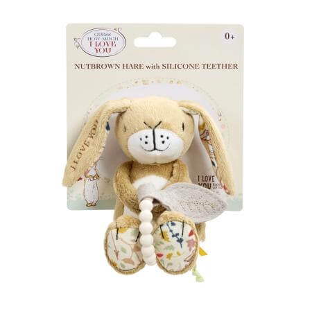 Plush bunny toy with silicone teether in packaging on a white background