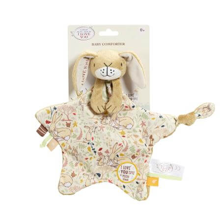 Baby comforter with star shape and rabbit design on a white background