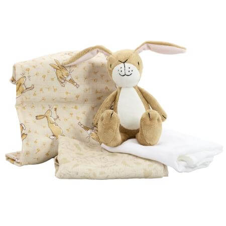Rabbit soft toy with three muslin cloths in white, and brown with rabbit designs.