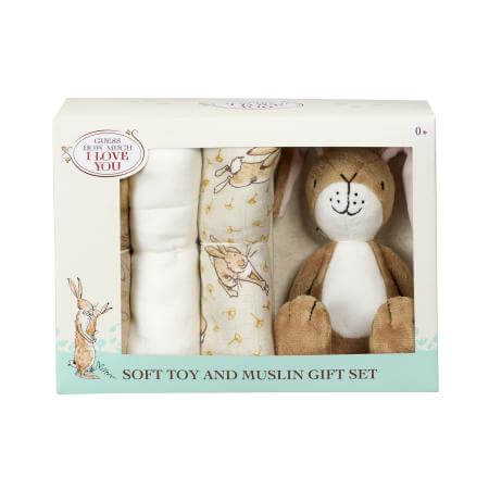 Baby gift set with rabbit soft toy and muslin cloth in a box