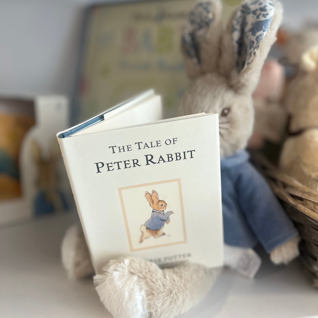 Small plain white book with a little Peter Rabbit illustration and the title 'The Tale of Peter Rabbit' above. 