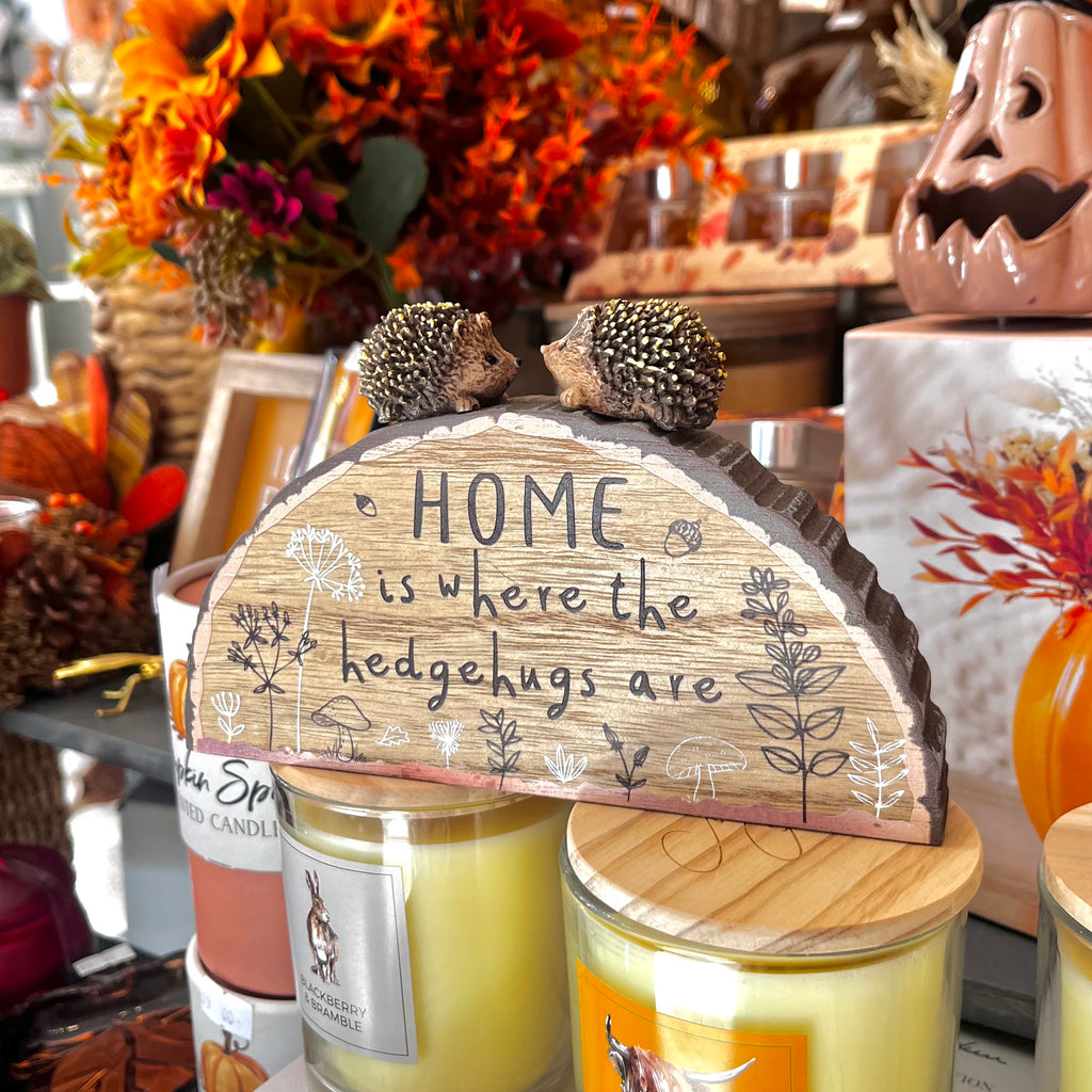 Wooden sign with 'HOME is where the hedgehugs are' text, surrounded by candles and autumn decorations.