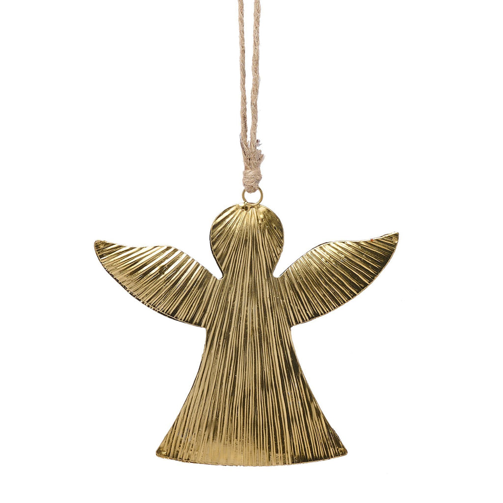 Gold angel ornament hanging on a white background