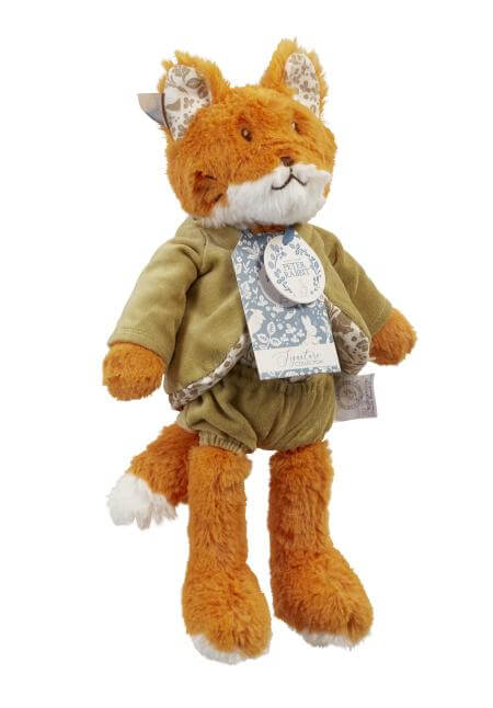 Mr Tod character from Peter Rabbit soft toy with orange fur and white details. Features green floral pattern in ears and a green coat and shorts. Embroidered face details. 