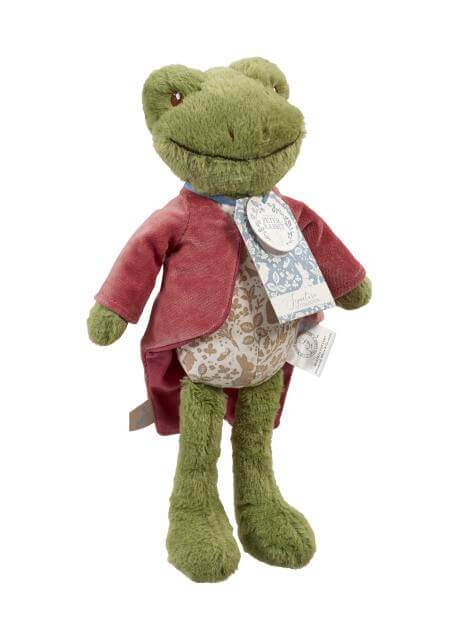 Peter Rabbit character Jeremy fisher soft toy featuring brown floral tummy and red waistcoat.