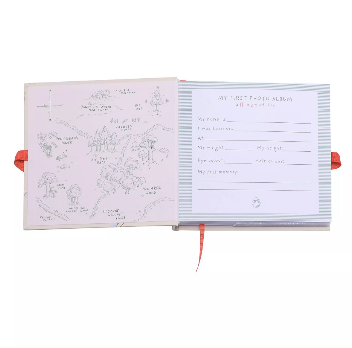 Inside the front page. On the left side is a hundred acre wood map. On the right is a page to fill in with the entries for name, DOB, birthplace, weight, height, eye colour, hair colour, and first memory.