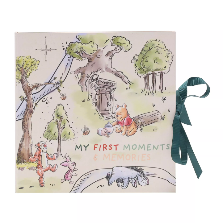 Front of memory book. Featured Winnie the ooh sat outside his house on the floor with a pot of hunny. Tigger, Piglet, Eeyore are at the bottom. Features a dark green ribbon to fasten the book together