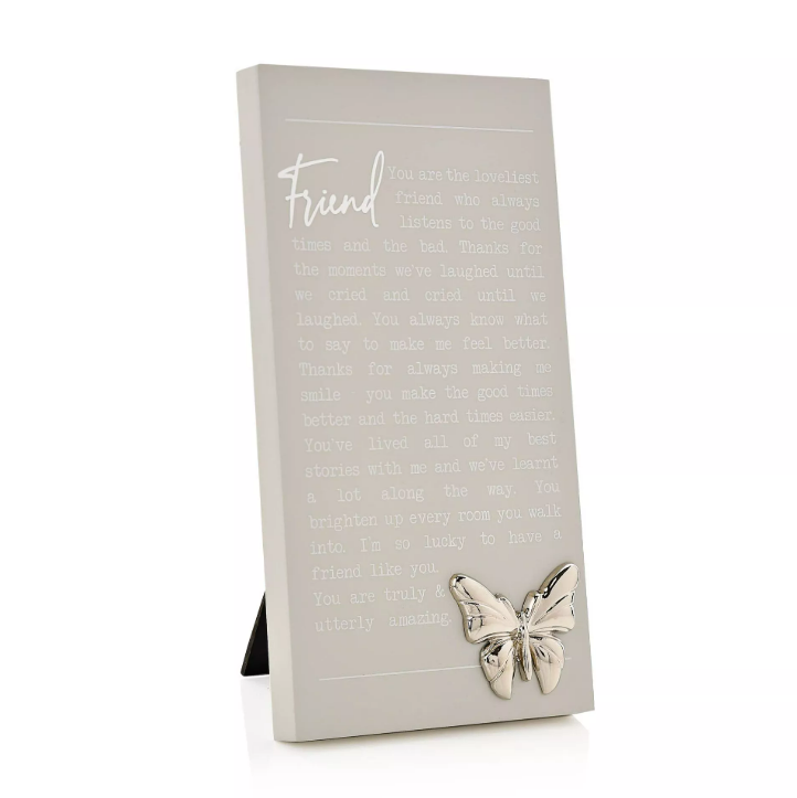 Beige portrait freestanding plaque with sentimental quote about friendship and a silver butterfly embellishment.