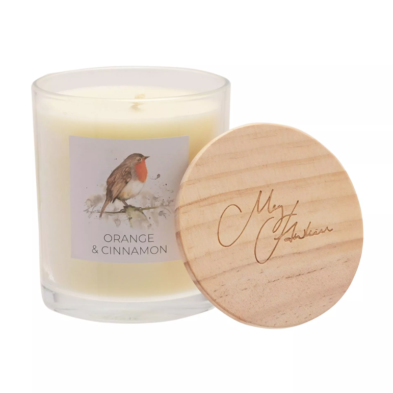 White candle in clear glass jar with watercolour robin illustration on front label. Comes with wooden lid with 'Meg Hawkins' engraved on the top.