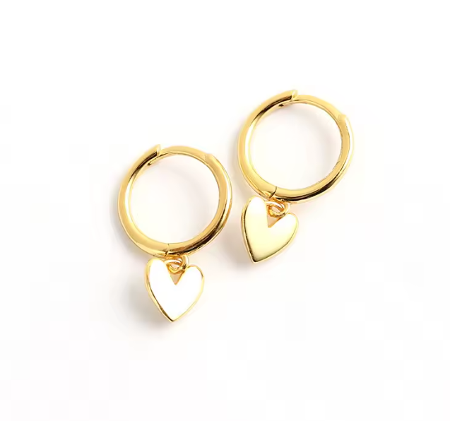 Small gold hoops with dangling gold heart on each earring. 