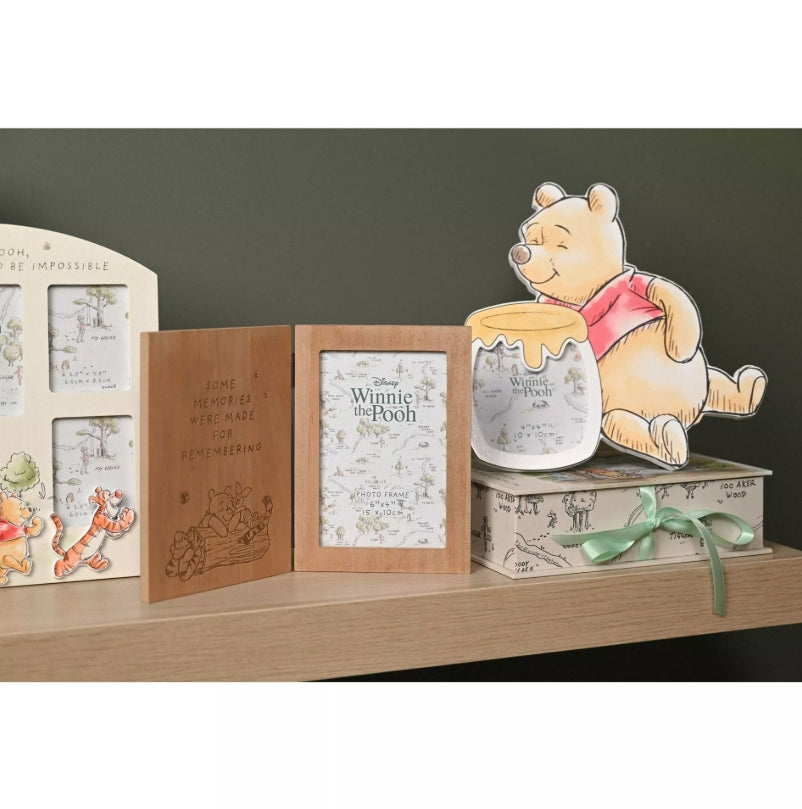 Winnie the Pooh decorative item on a shelf with books and a green ribbon.
