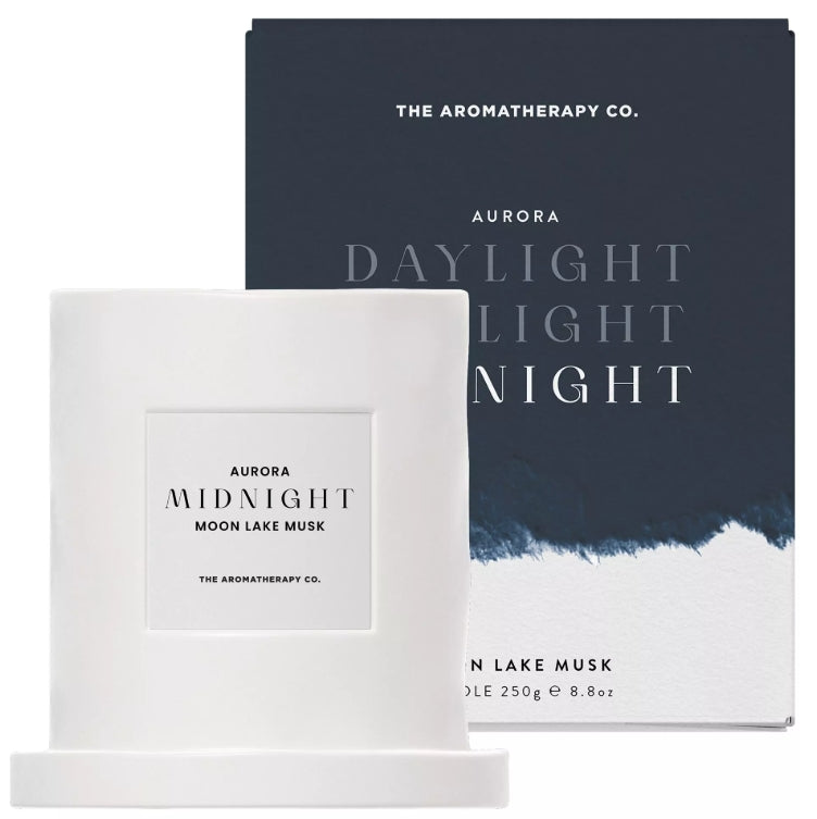 The Aromatherapy Co. product packaging with 'Aurora Daylight Light Night' and 'Aurora Midnight Moon Lake Musk' labels.
