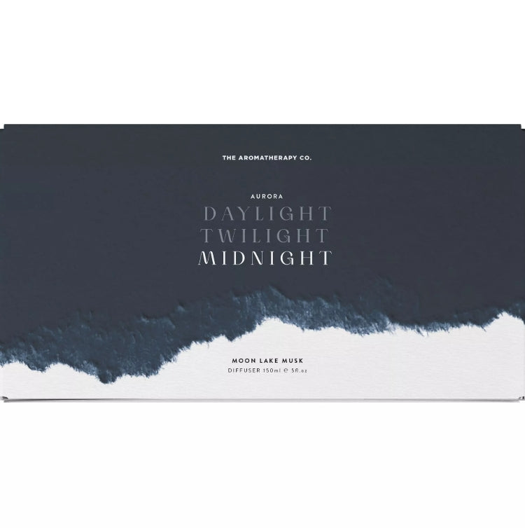 Aromatherapy product packaging with 'Daylight Twilight Midnight' and 'Moon Lake Musk' text on a dark blue and white background.