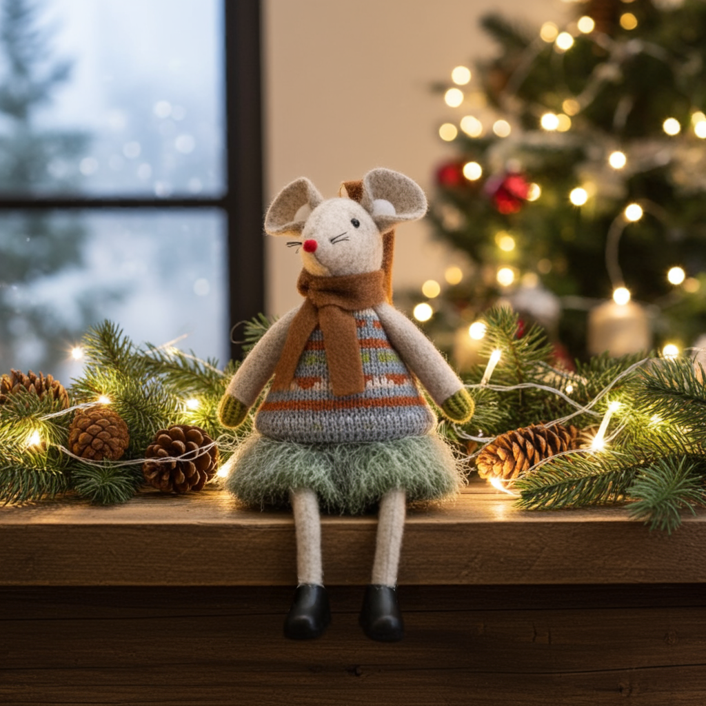 Toy mouse in a sweater with Christmas decorations and lights in the background