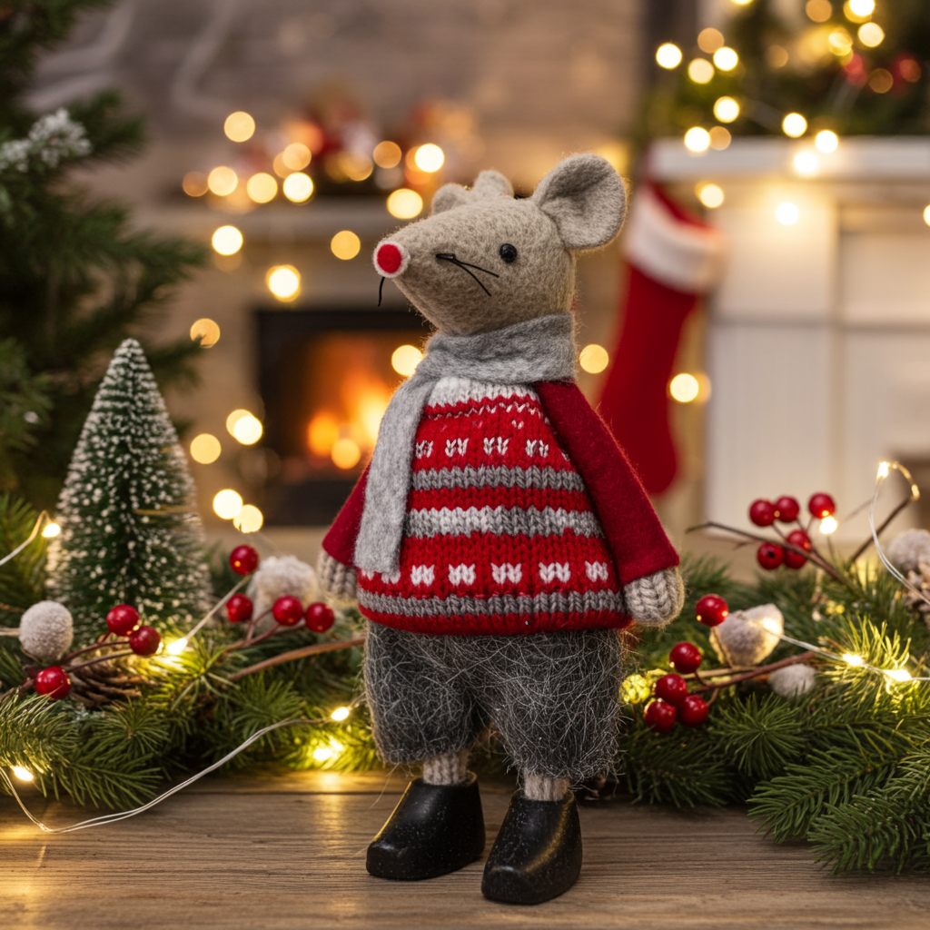 Fabric mouse decoration in front of a blurred christmas themed background.