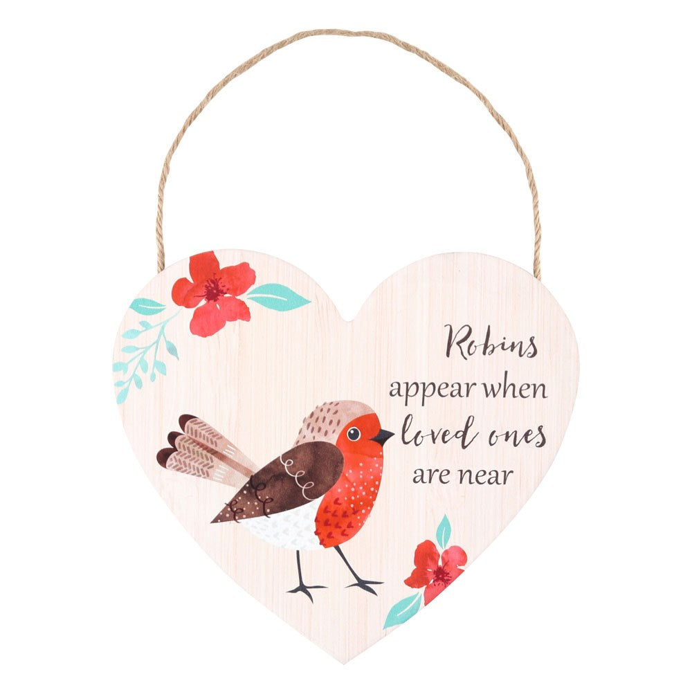 Heart-shaped wooden plaque with a robin illustration and floral design on a white background