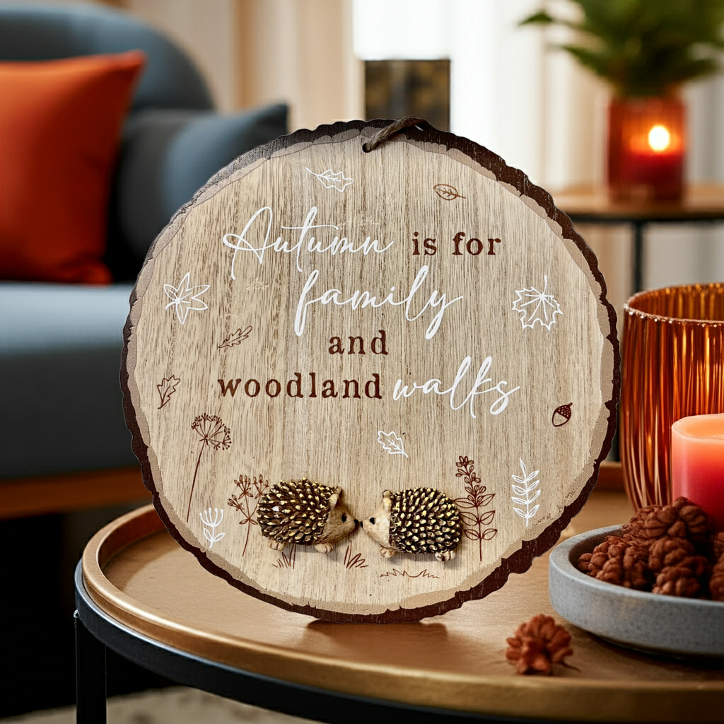 Wooden circular decoration with autumn-themed text and hedgehog illustrations on a table.