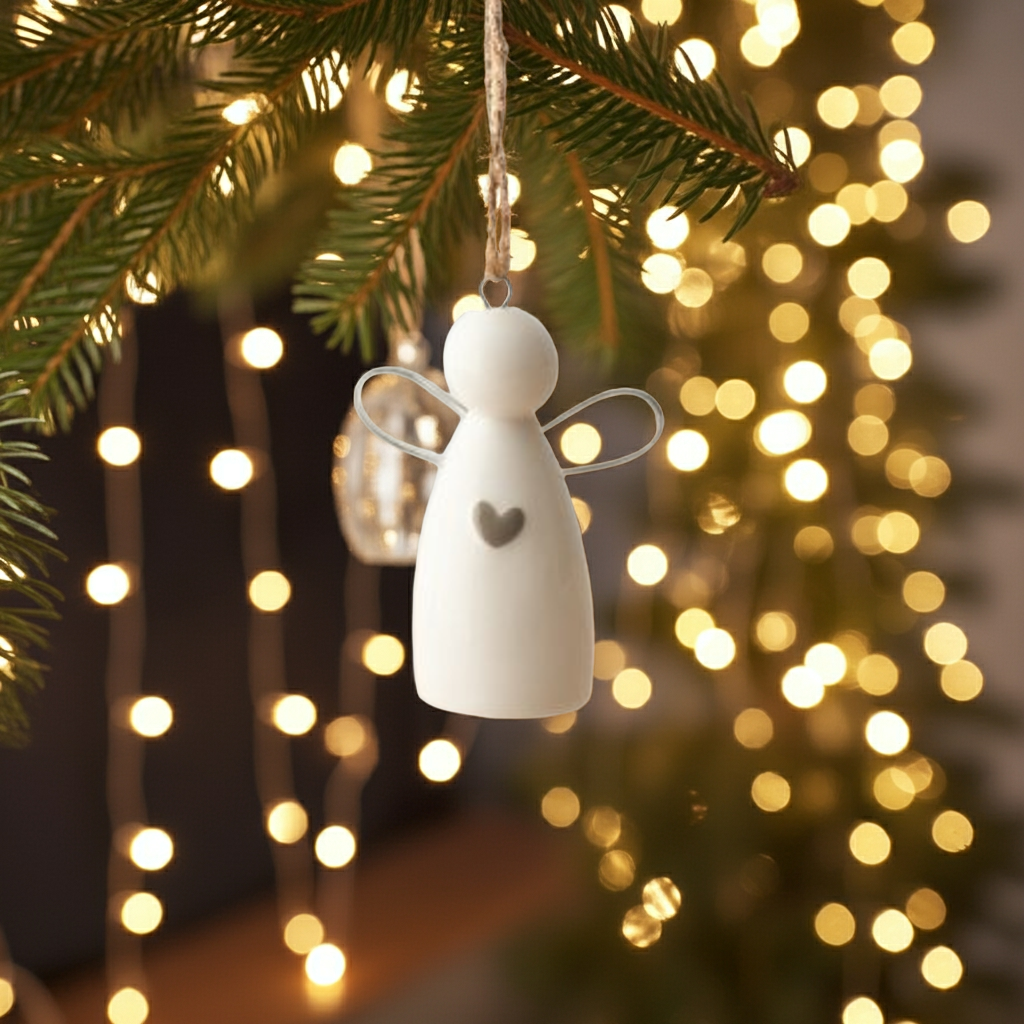 White angel ornament hanging on a Christmas tree with blurred lights in the background