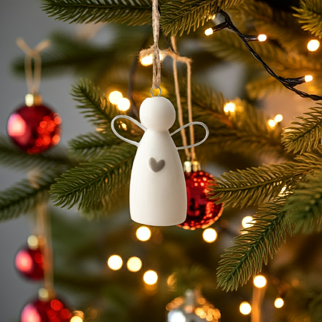 White angel ornament with a heart on a Christmas tree with red ornaments and lights.