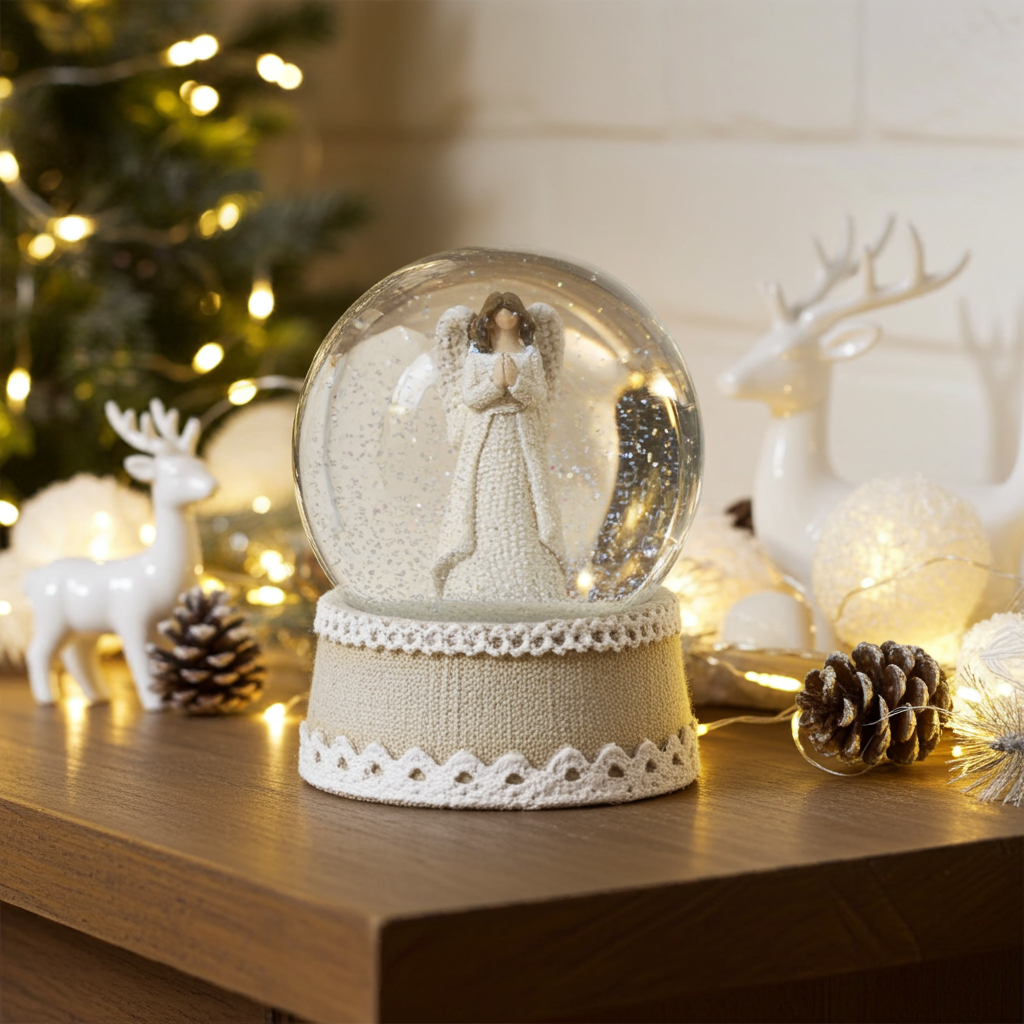 Decorative snow globe with an angel figure on a wooden surface with Christmas decorations.
