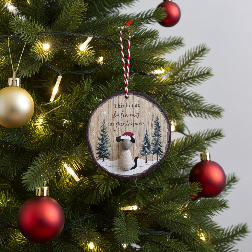Decorative Christmas ornament with a dog illustration on a lit Christmas tree.
