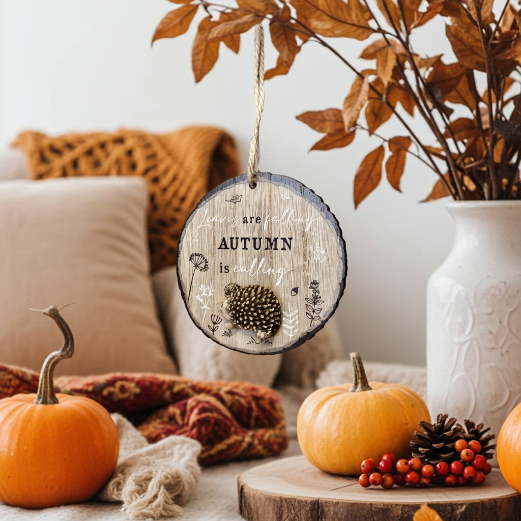 Decorative autumnal ornament with pumpkins and foliage on a table.
