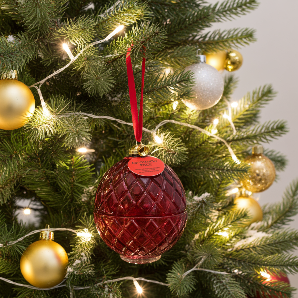 Red diamond-patterned Christmas ornament on a tree with gold and silver balls.