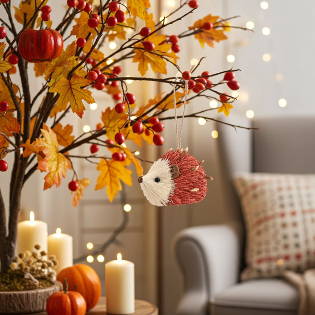 Decorative autumn branch with berries, leaves, candles, and a hedgehog ornament in a cozy living room.