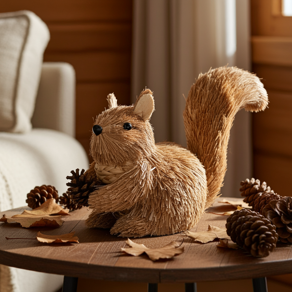 Textured squirrel figurine on a wooden surface with pinecones and leaves