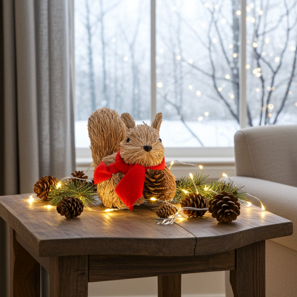 Rattan squirrel decoration sitting on a table around fairy lights and pinecones with a snowy background ion the window