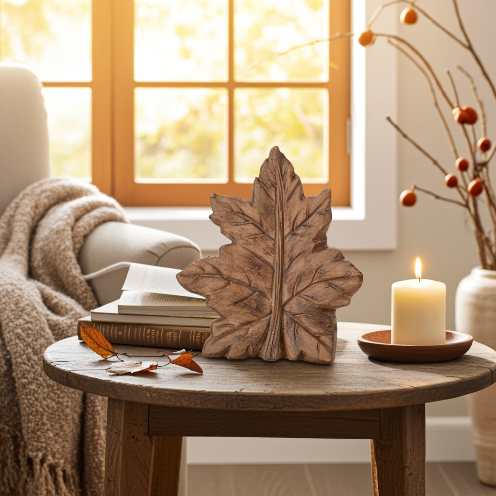 wooden standing leaf decoration on a table with a candle and autumnal leaves. 