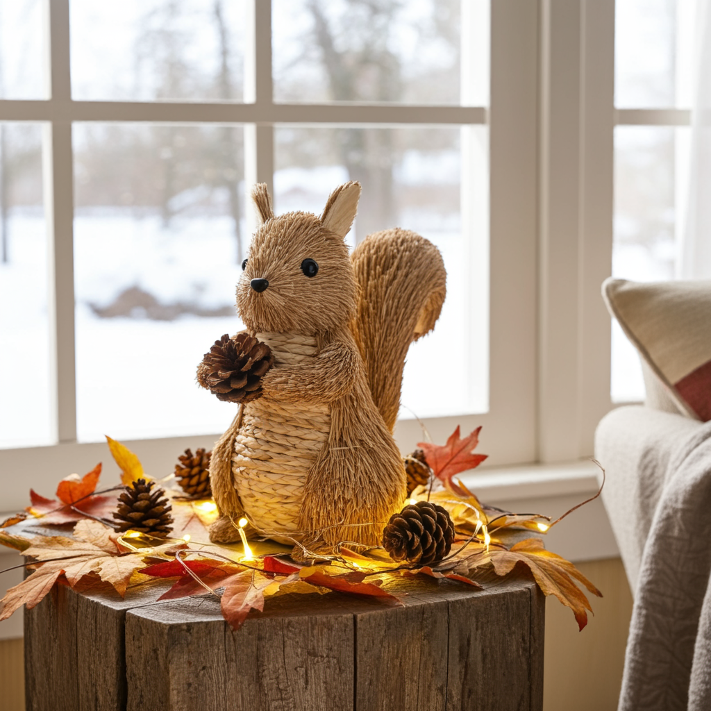 Decorative squirrel figurine with autumn leaves and lights on a wooden surface.