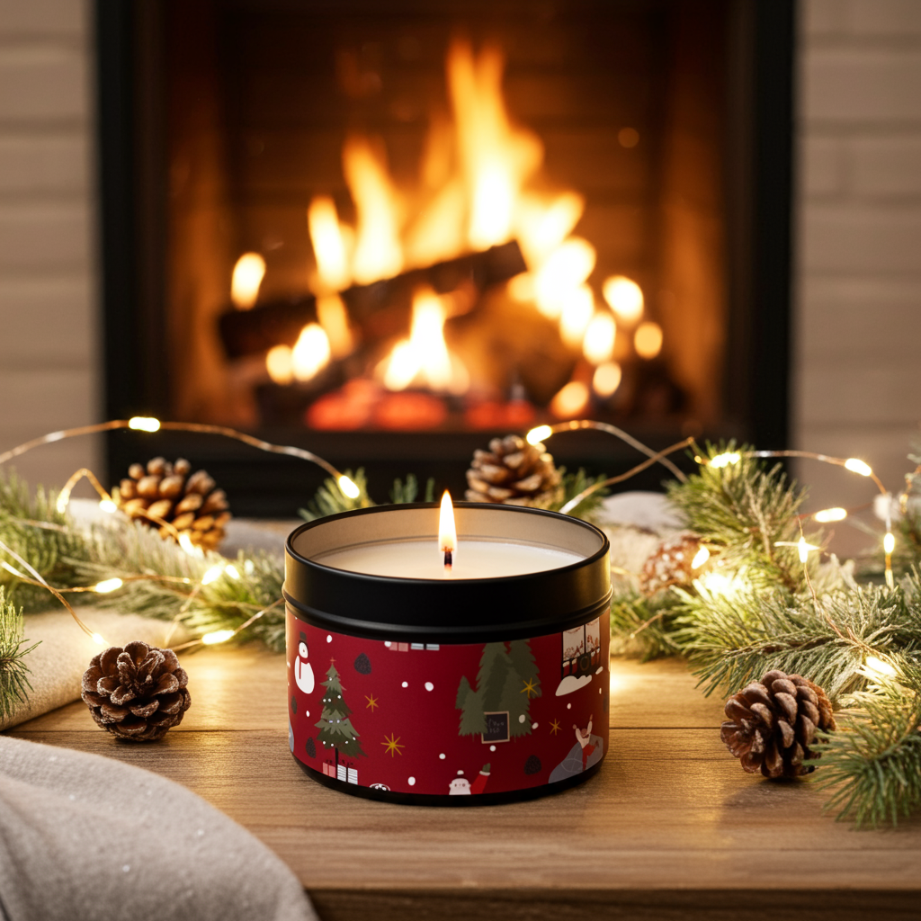 Candle in a decorative tin with Christmas designs on a wooden surface in front of a fireplace.